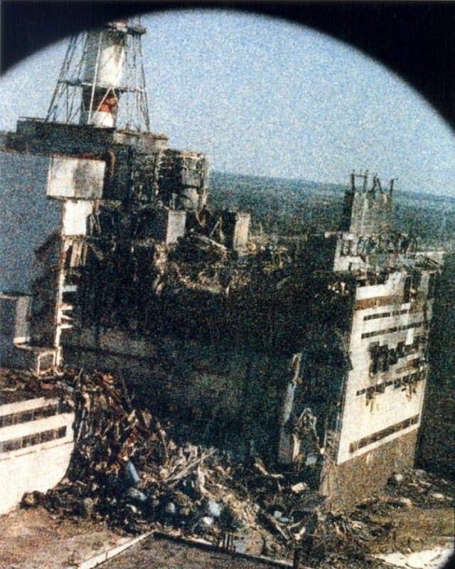 This is the first image captured of Chernobyl, taken 14 hours after the explosion on April 26, 1986. The photo was snapped from a helicopter assessing radiation levels over the disaster area. The image is grainy due to the intense radiation in the air, which began