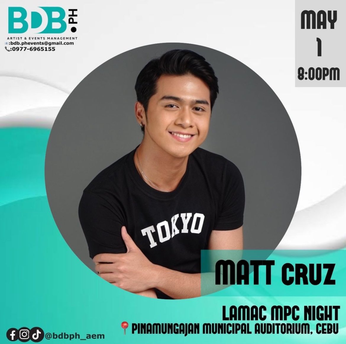 MattCruzOFC's tweet photo. For the month of May, you can watch @iammattcruz at these events:

🗓️ May 1 | Cebu
Lamac MPC Night

🗓️ May 10 | Batangas
Calacatchara Festival Mayor’s Night

🗓️ May 13 | Negros Oriental
Municipality of Ayungon 100th Anniversary

#MattCruz #BDBPHAEM #BDBArtist https://t.co/WgNyG6IYNR
