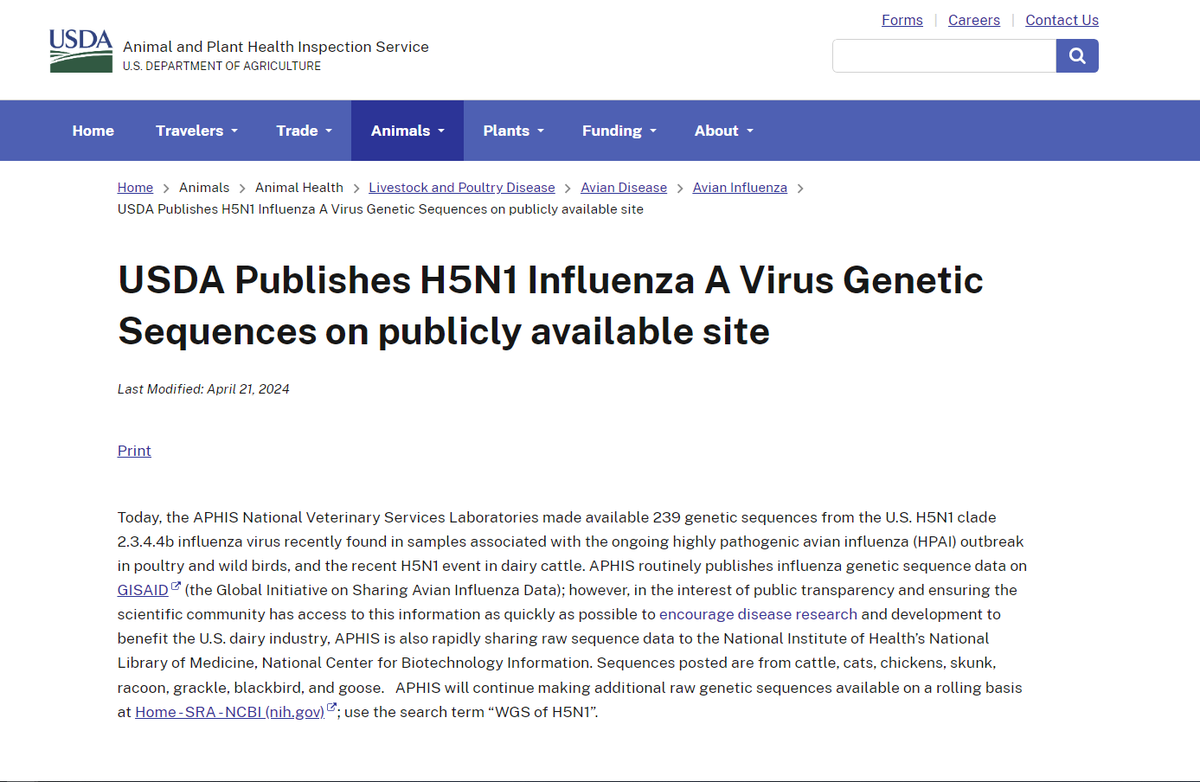 @USDA_APHIS is also sharing raw sequences to @NLM_NIH @NCBI, search term “WGS of H5N1”: ncbi.nlm.nih.gov/sra/?term=WGS+… 

Sequences posted are from cattle, cats, chickens, skunk, racoon, grackle, blackbird, & goose.

#H5N1 #HPAI #AvianFlu