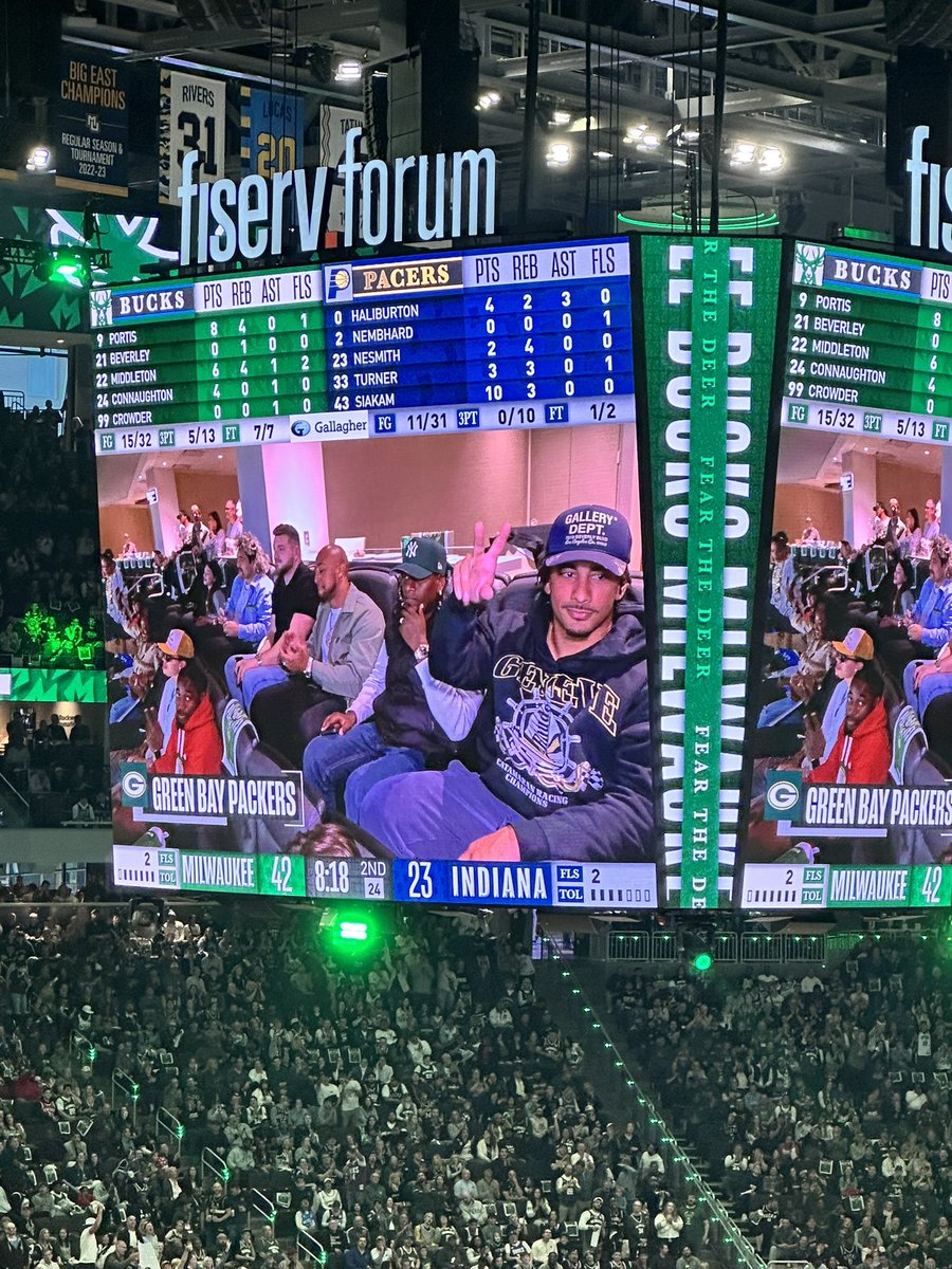 LilySZhao's tweet photo. Big #Packers contingent at Fiserv Forum. 

Jordan Love, AJ Dillon, Romeo Doubs and company are watching the #Bucks. https://t.co/WaSkv95zIF