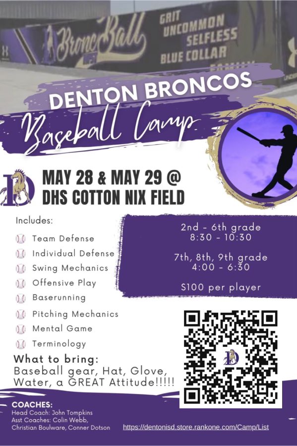 Come join us at Bronco Baseball Camp! #SPRINT #HFST <a href="/DentonISDSports/">Denton ISD Athletics</a> <a href="/Denton_High/">Denton High School</a> <a href="/dentonisd/">Denton ISD</a>