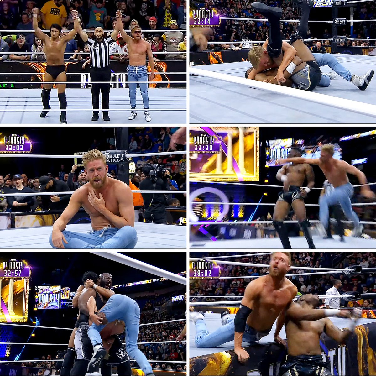 #KatsuyoriShibata y #OrangeCassidy derrotan a #ShaneTaylor y a #LeeMoriarty a quienes #AnthonyOgogo constantemente buscó ayudarlos... Me gustó la lucha, lo técnico, la comedia de Cassidy, los chops, literal un 6.99/10 #aewdynasty