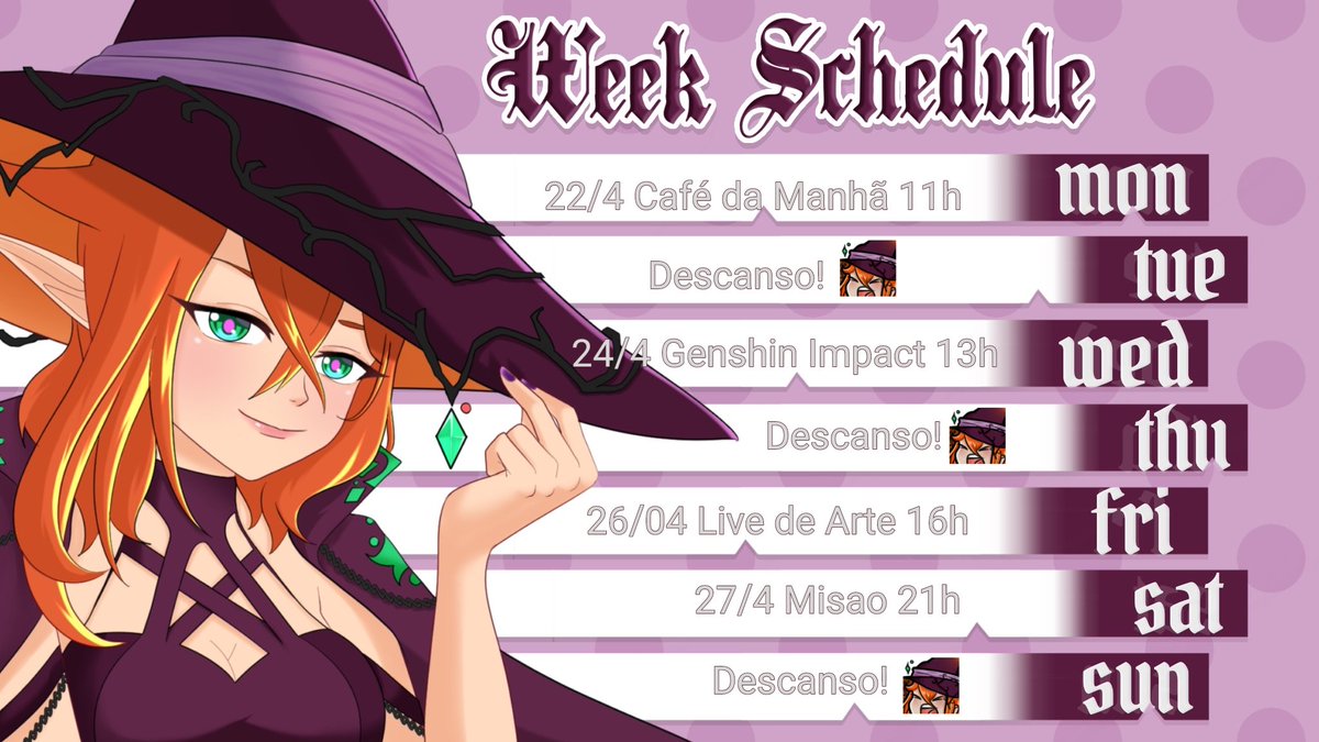 rhiatris's tweet photo. ✨️ CRONOGRAMA DE 22 À 28 DE ABRIL ✨️
Tags:
🎨 — #Rhillust | 🎥 — #RhiaLive
🤡 — #RhiaLOL | 🔞 — #RhiAdult
👇👇👇 Link abaixo 👇👇👇 https://t.co/HVpsJtI49l
