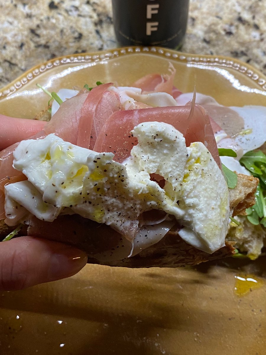 proscuitto, grassfed bufala mozzarella, over homemade sourdough with arugula EVOO & truffle oil. 

This is my fave sandwich