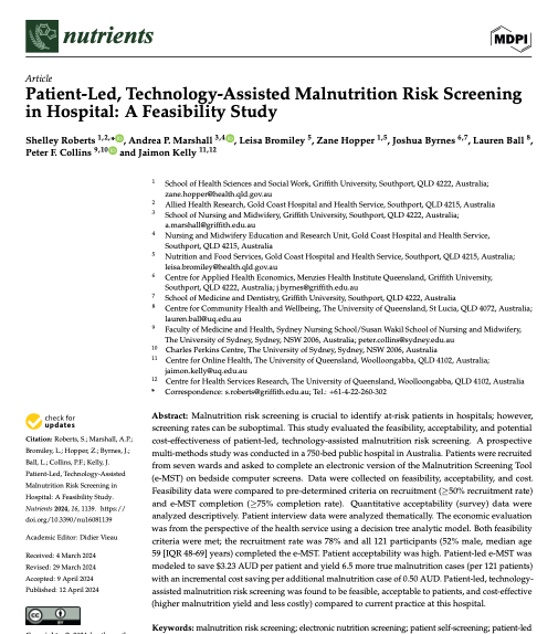 Our new paper found pts completing an electronic version of the Malnutrition Screening Tool (MST) from their hospital bedside is feasible, acceptable & potentially 💰 effective! Modeled to save $3.23 per patient. Read here 👇 loom.ly/fE4IzFI Led by @shelley1roberts 👏
