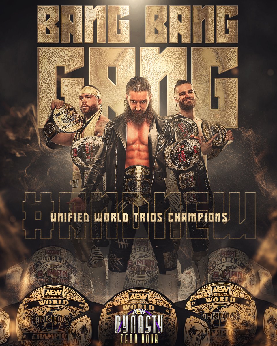 AEW's tweet photo. #AndNEW!
The #BANGBANGGANG are your NEW Unified World Trios Champions!

#BulletClubGold | @JayWhiteNZ | @theaustingunn | @coltengunn https://t.co/X7aFlchkaN