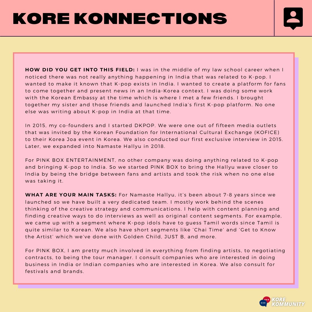 korekommunity's tweet photo. The major player behind K-pop in India 🇮🇳 A lawyer, a talent booker, tour manager, and founder of a K-content platform - Nicki Kanam is the Co-founder of @hipinkboxevents and Founder of @namastehallyu 

She has organized tours/festival for #KARD, #HYOLYN, #MONT, &amp; more 🎫 (Pt. 1) https://t.co/uYaQfI0lxT