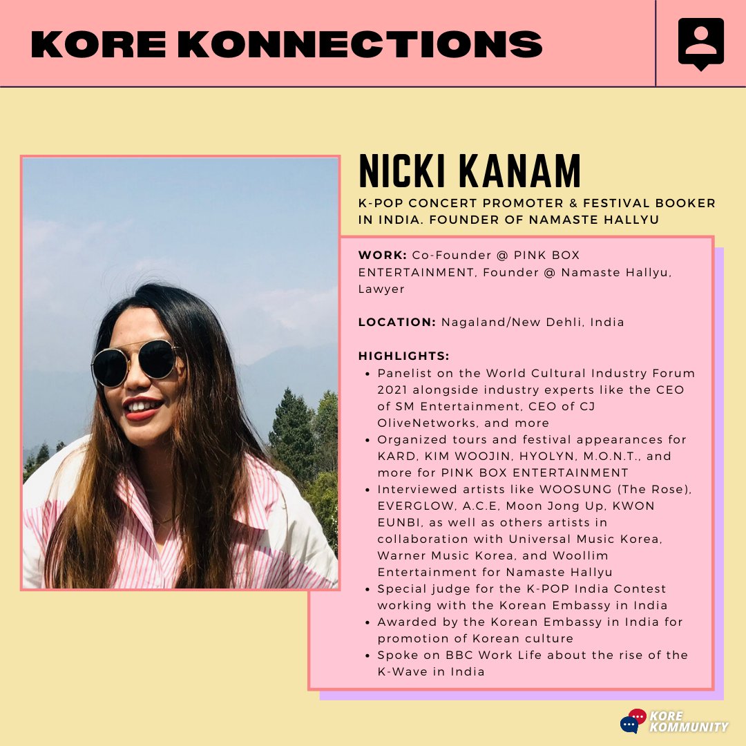 korekommunity's tweet photo. The major player behind K-pop in India 🇮🇳 A lawyer, a talent booker, tour manager, and founder of a K-content platform - Nicki Kanam is the Co-founder of @hipinkboxevents and Founder of @namastehallyu 

She has organized tours/festival for #KARD, #HYOLYN, #MONT, &amp; more 🎫 (Pt. 1) https://t.co/uYaQfI0lxT