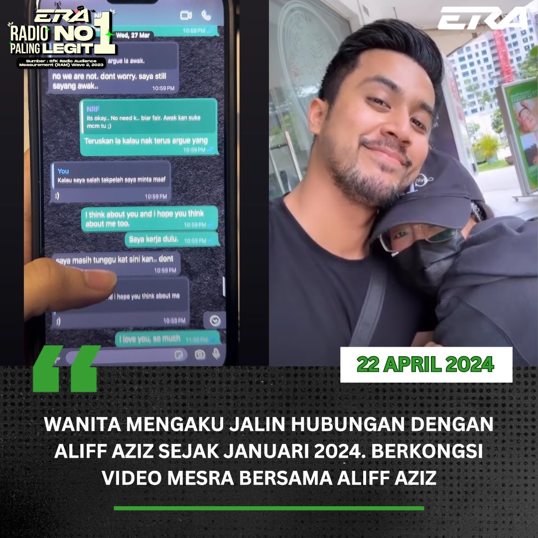 ERAdotje's tweet photo. Seorang wanita bernama Sarah Yasmine mendakwa dirinya merupakan kekasih kepada pelakon dan penyanyi Aliff Aziz sejak Januari 2024. #sharERA #ERARadioNo1PalingLegit https://t.co/h6cEFPBnvw