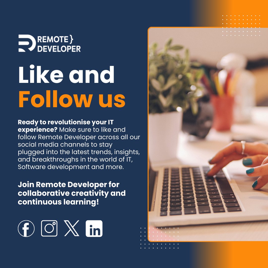 Don't miss out on the opportunity to connect, learn, and grow with us! Like and follow us to stay ahead and updated! 👍❤️🔔   #RemoteDeveloper #DeveloperCommunity  #TechTrends #FollowUs #StayConnected
