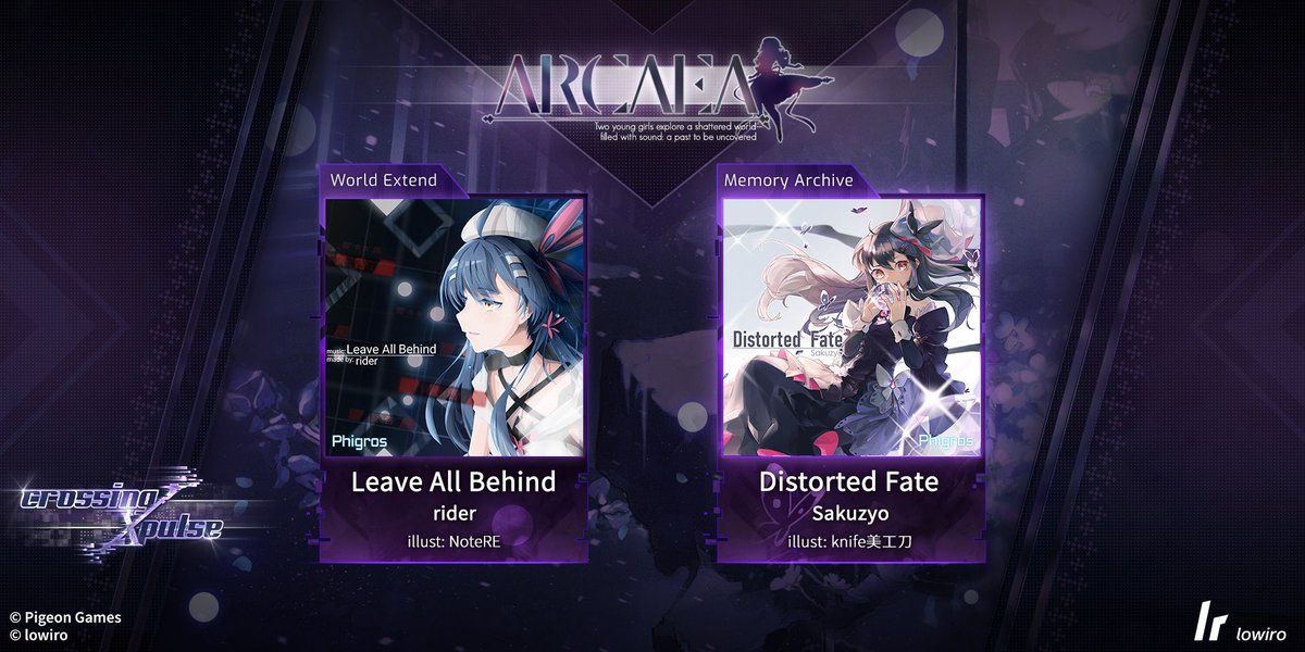 With a sudden twist, the world inverts-- Lands shift, and below your feet, not one, but two Pulses ring: 'Distorted Fate' by Sakuzyo, in the Memory Archive. 'Leave All Behind' by rider, in World Extend. Crossing Pulse #5 with Phigros arrives on 4/26! #arcaea #Phigros