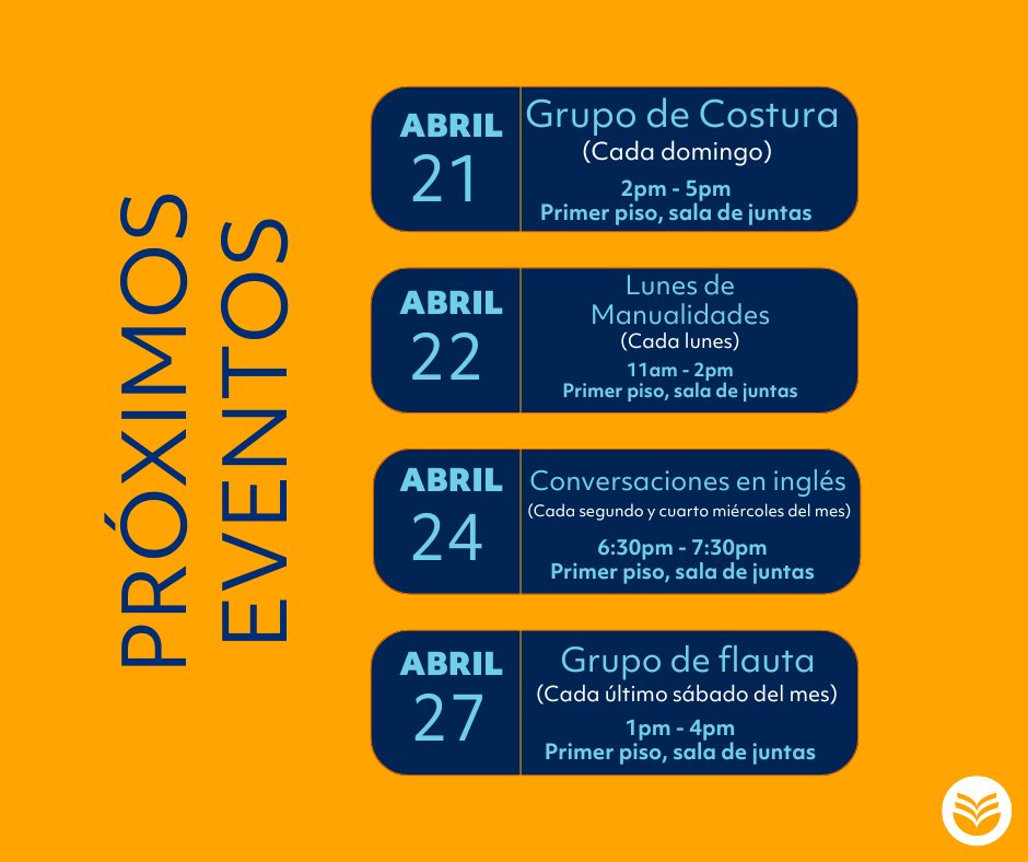 Sewing group, crafting Mondays, ESL practice conversations and Flute circle!? We're excited about this week! Save this post and share!

Esta semana vamos a tener varios eventos. ¡Guarda y comparte esta publicación!

#MyRRPL #libraryprograms #roundrock #roundrocktx