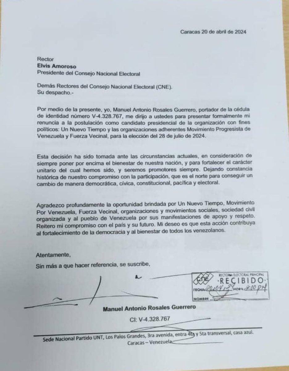 La Plataforma Unitaria Democrática quiere informar al país lo siguiente: 1. La candidatura del Embajador Edmundo González @EdmundoGU en la tarjeta de la manito (MUD), se encuentra debidamente inscrita y admitida por el CNE. La misma no fue objeto de impugnación alguna y el