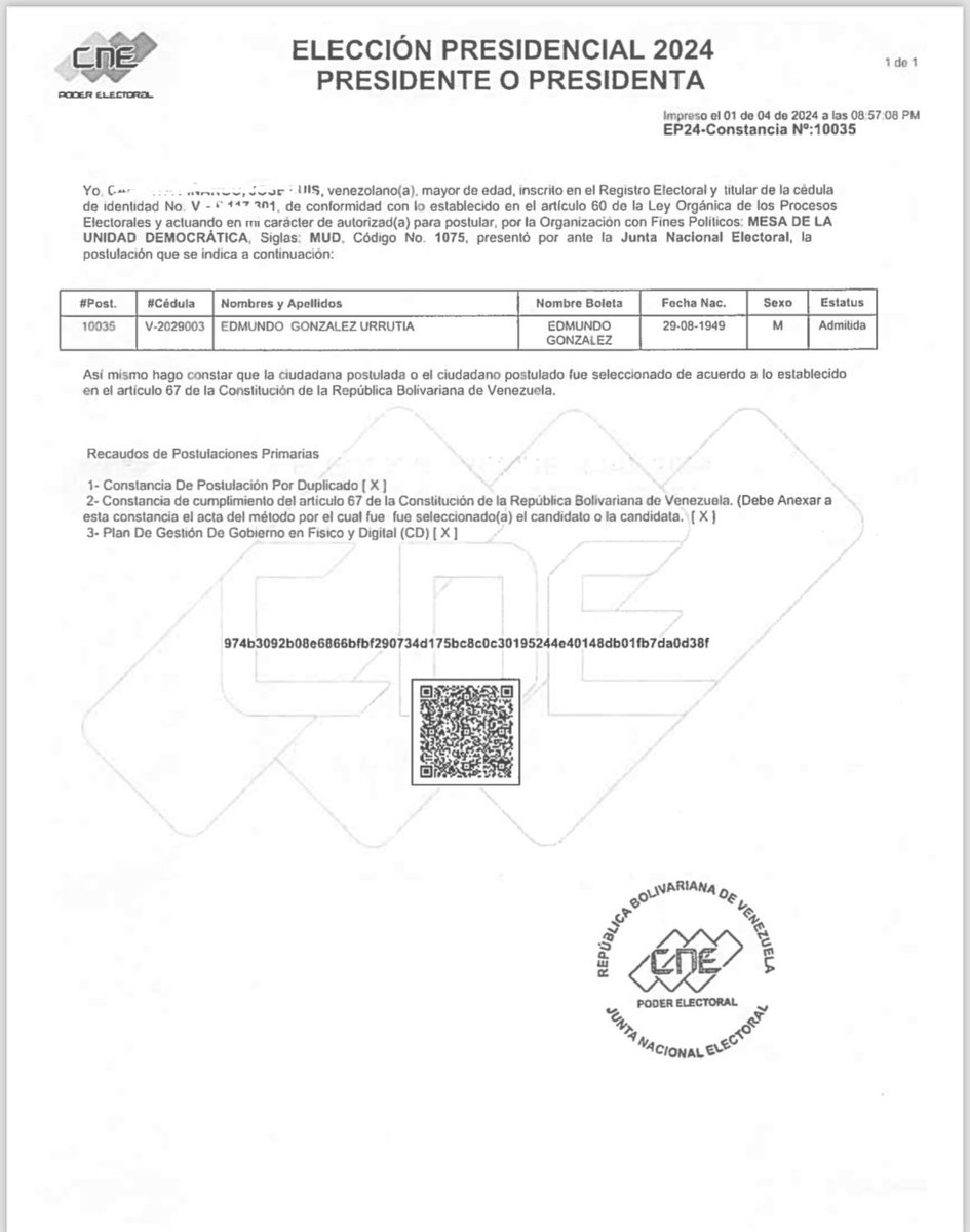 unidadvenezuela's tweet photo. La Plataforma Unitaria Democrática quiere informar al país lo siguiente: 

1. La candidatura del Embajador Edmundo González @EdmundoGU en la tarjeta de la manito (MUD), se encuentra debidamente inscrita y admitida por el CNE. La misma no fue objeto de impugnación alguna y el lapso para esa acción concluyó.

2. En el día de ayer, sábado 20 de abril, honrando su compromiso unitario el Gobernador Manuel Rosales @manuelrosalesg presentó su renuncia a la postulación como candidato presidencial de las organizaciones UNT, MPV y FV. La carta de renuncia fue recibida por el CNE el mismo día a las 2:00 pm.

3. Tanto a UNT como al MPV hasta ahora no le han permitido formalizar su adhesión en favor de la candidatura de Edmundo González Urrutia, lo cual constituye una clara violación a la ley electoral y al cronograma aprobado. 

4. Reiteramos nuestro llamado a todos los venezolanos a seguir unidos en la ruta electoral que nos permitirá, con la fuerza del voto, lograr el cambio, que es el principal anhelo del pueblo venezolano.