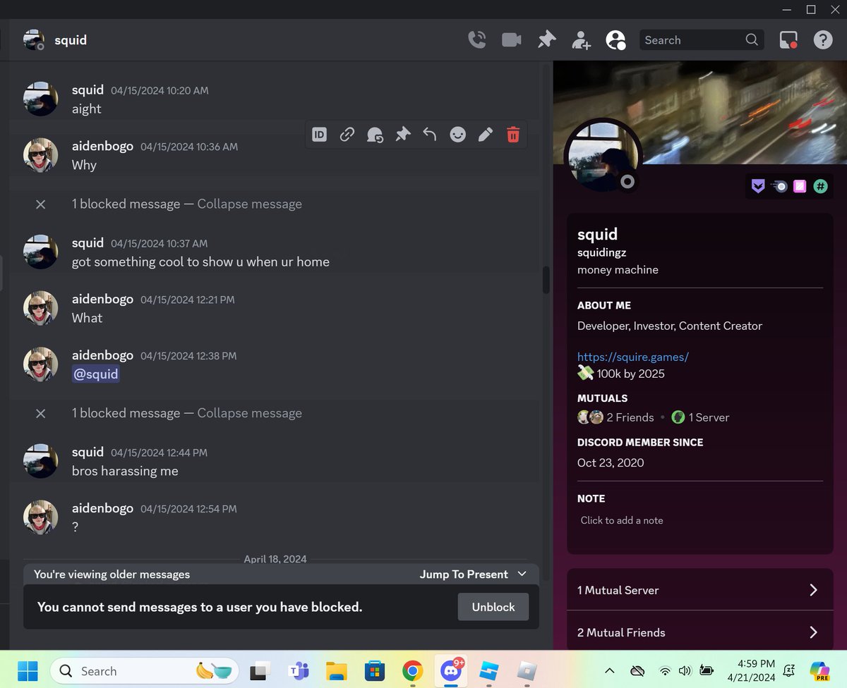 aidenbogoo's tweet photo. @Squidingz  aka  ROBLOX user (Squidingz) had recently been harassing me. He has told me to kill my self, spam messaged me and has fully doxed me. Please @Roblox take action against this person. Attached are video recordings and images proving all this true
https://t.co/zI9ZO8LB6y https://t.co/J08supXYs5