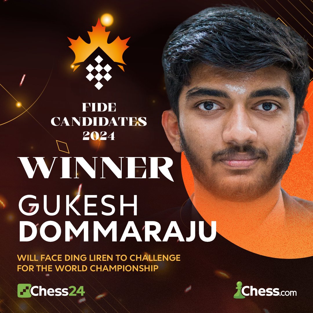 WOWWWWW 🔥🇮🇳

AFTER AN INCREDIBLE TOURNAMENT, AND THE CRAZIEST DAY, 17-YEAR-OLD @DGUKESH WILL COMPETE FOR THE WORLD CHESS CHAMPIONSHIP!!! 👏👏