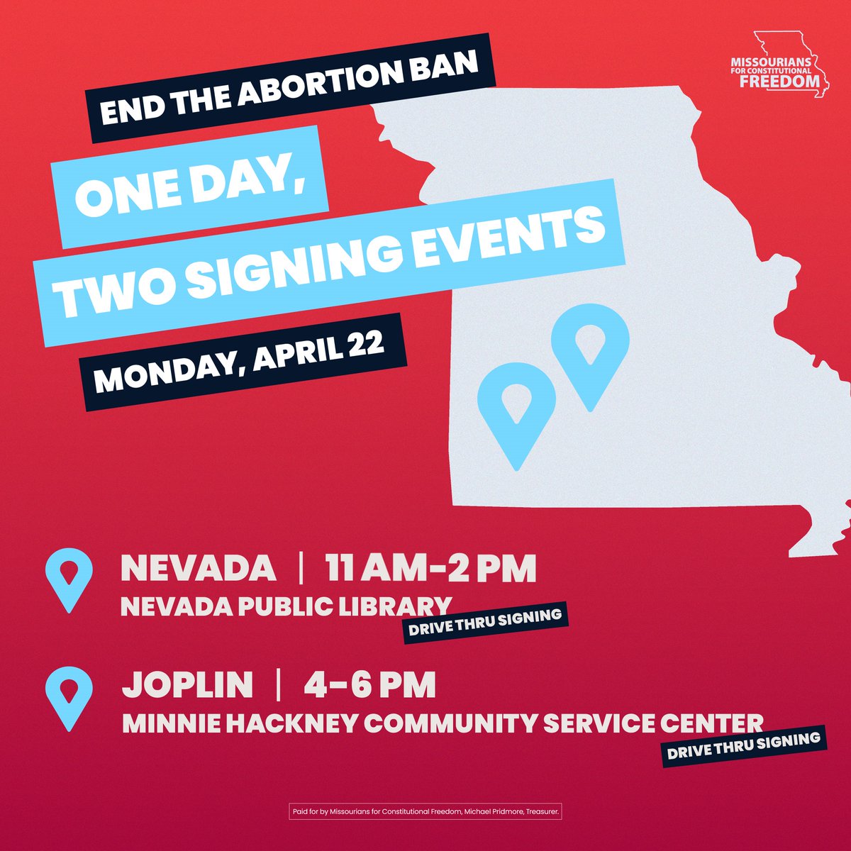 Only two weeks left to make your voice heard to end the Missouri abortion ban! These are just two of our signing opportunities coming up. Click the link to find out where else you can sign around the state! Let's #EndTheBanMO together! mobilize.us/mfcf/