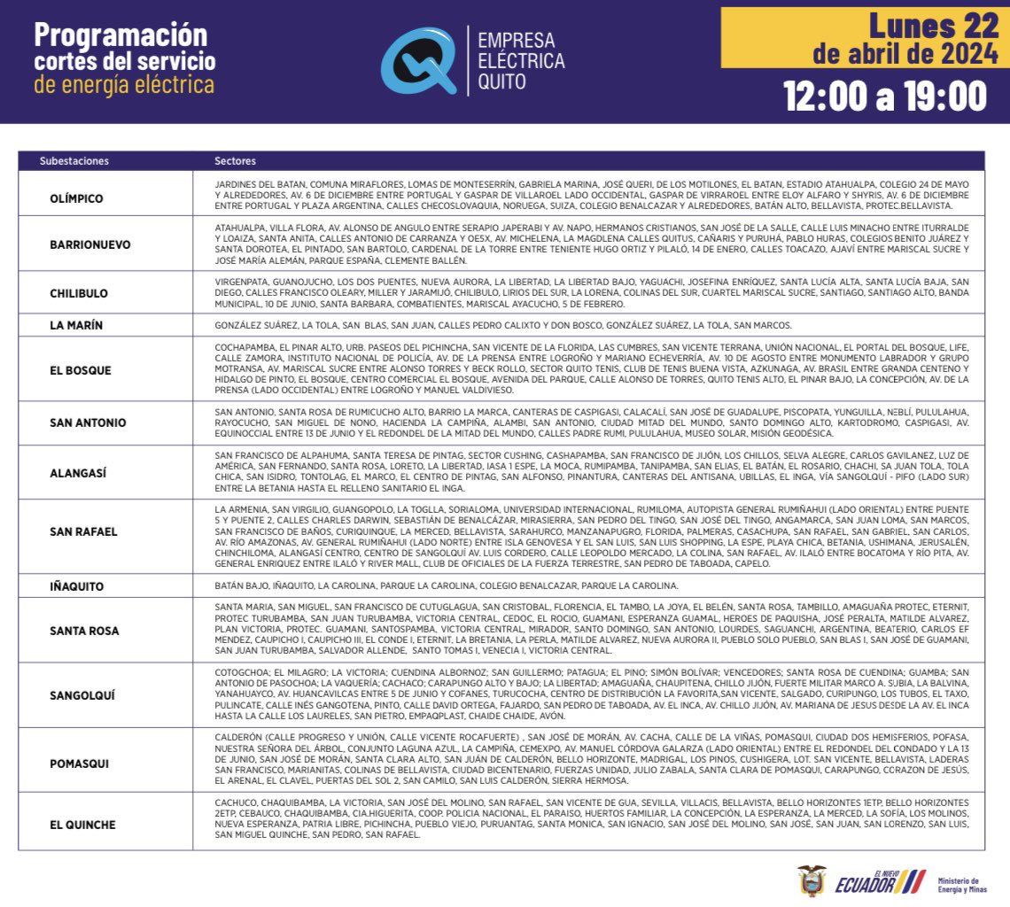 directfutbolec's tweet photo. ATENCIÓN. #DFNews.
La @CNEL_EP comunicó los cortes de luz 💡 para este lunes 22 de abril. Serán de 7 horas. #ApagonesEcuador https://t.co/Oeptj43de8