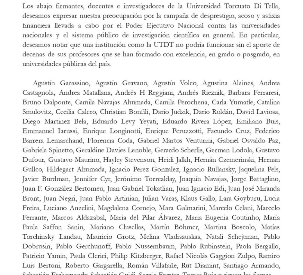 CarlaYumatle's tweet photo. Docentes de la Universidad Di Tella expresamos profunda preocupación por las extorsiones retóricas y financieras provenientes del PEN a la universidad pública y al sistema de investigación científica nacional. https://t.co/QJ2XgIn3G4