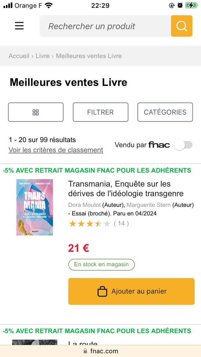 C’est hilarant et délicieusement ironique: notre livre est quasiment introuvable à la Fnac quand on s’y déplace ( quand il y’a un pauvre exemplaire il est toujours caché ) mais TRANSMANIA est en top 1 des meilleures ventes de livres de la Fnac … en ligne 😂 !