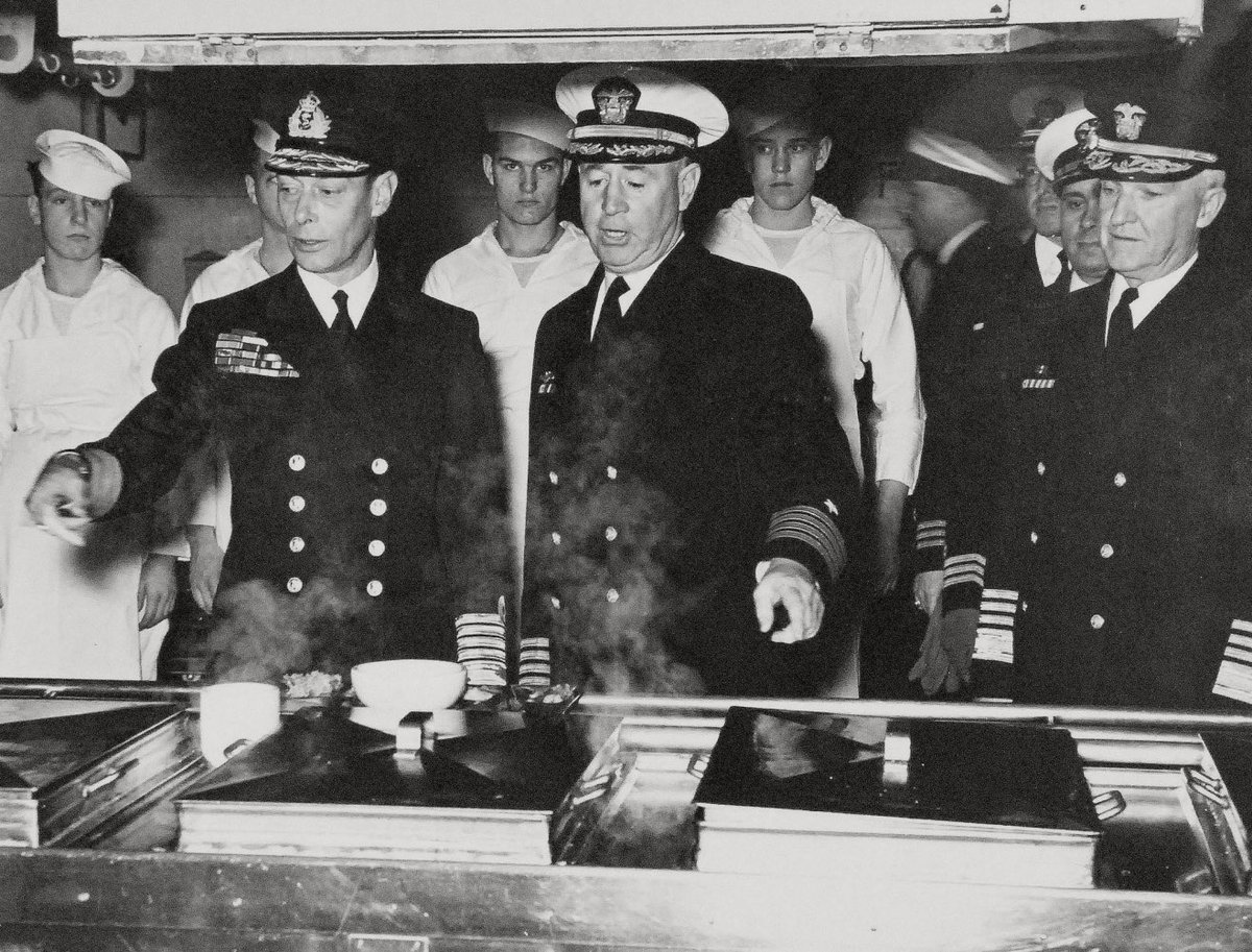Captain Howard Benson (center), commanding officer of USS Washington (BB 56), introduces his guests, King George VI and Admiral Harold Stark, to the ship's galley, 7 June, 1942 Scapa Flow, UK #BB56 #USSWashington