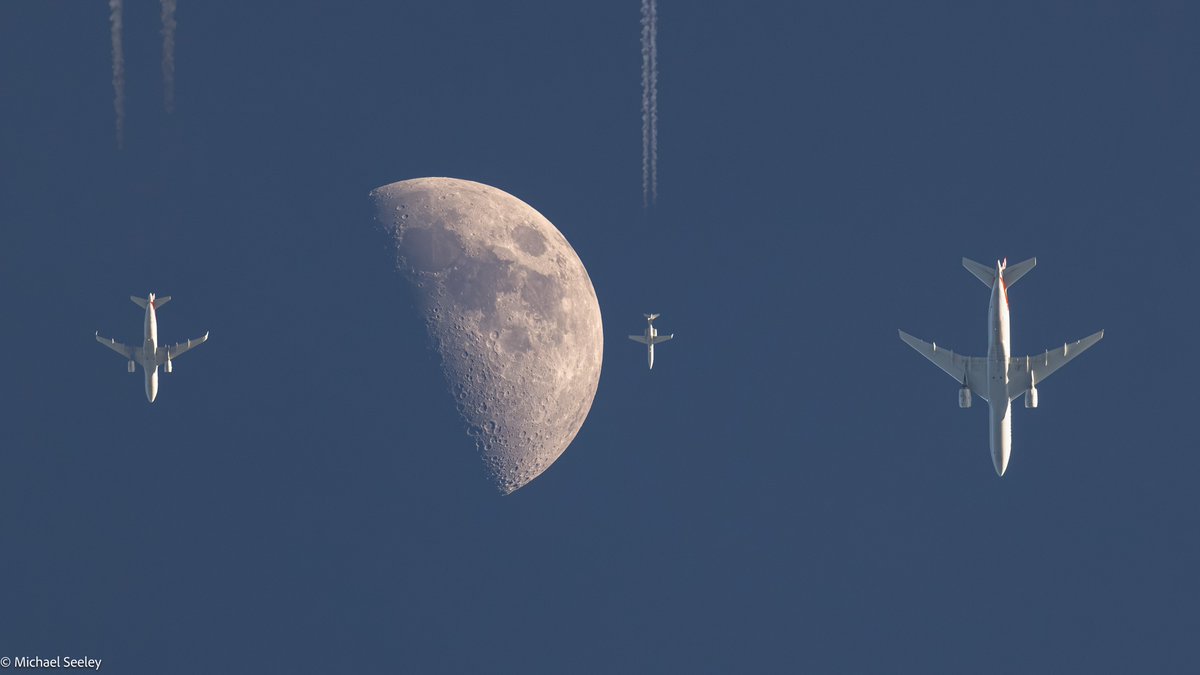 'Lunar Air Traffic redux,' or 'An Airbus, a LearJet, and a Boeing walk into a bar.' This *composite* attempts to illustrate the 3 lunar near-transits over my house on April 15 between 7:13 and 7:20 pm. The Moon is nearly directly overhead, moving from East (left) to West