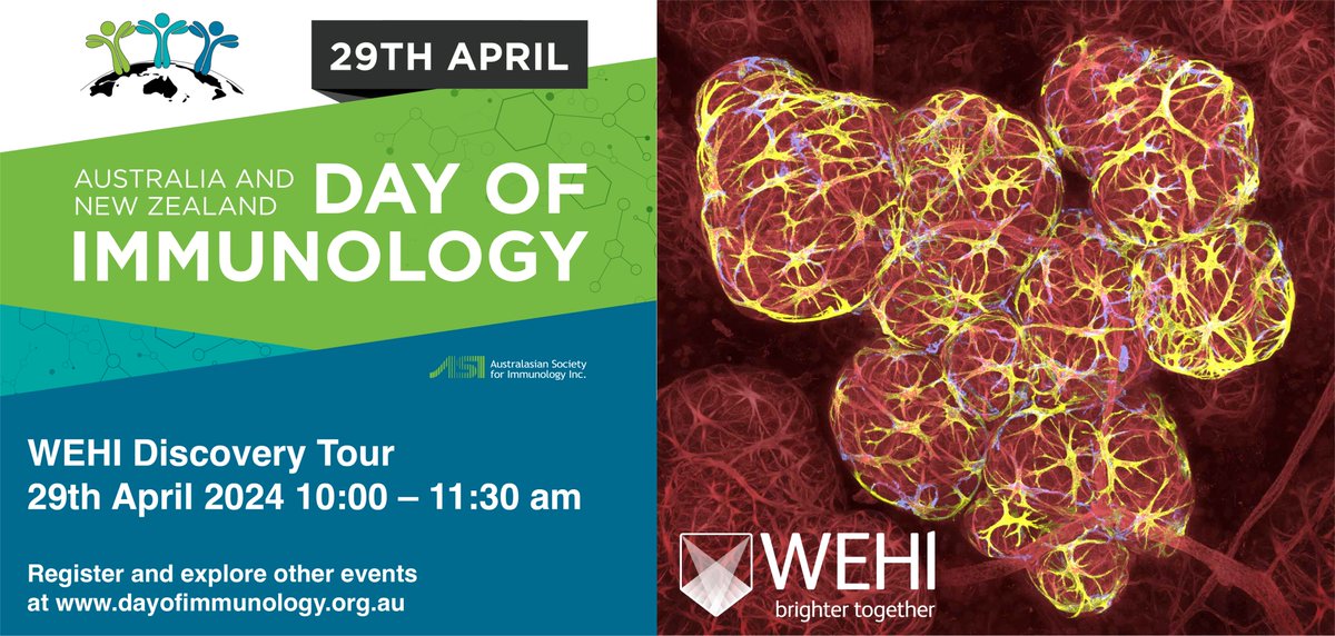 Discover your immune system with our expert researchers at WEHI, Parkville on April 29th 10 am! Hear about visualising immunity, engineered immune cells, T cells and breast immunology. dayofimmunology.org.au #WEHIresearch @WEHI_research @calebadawson #DayOfImmunology