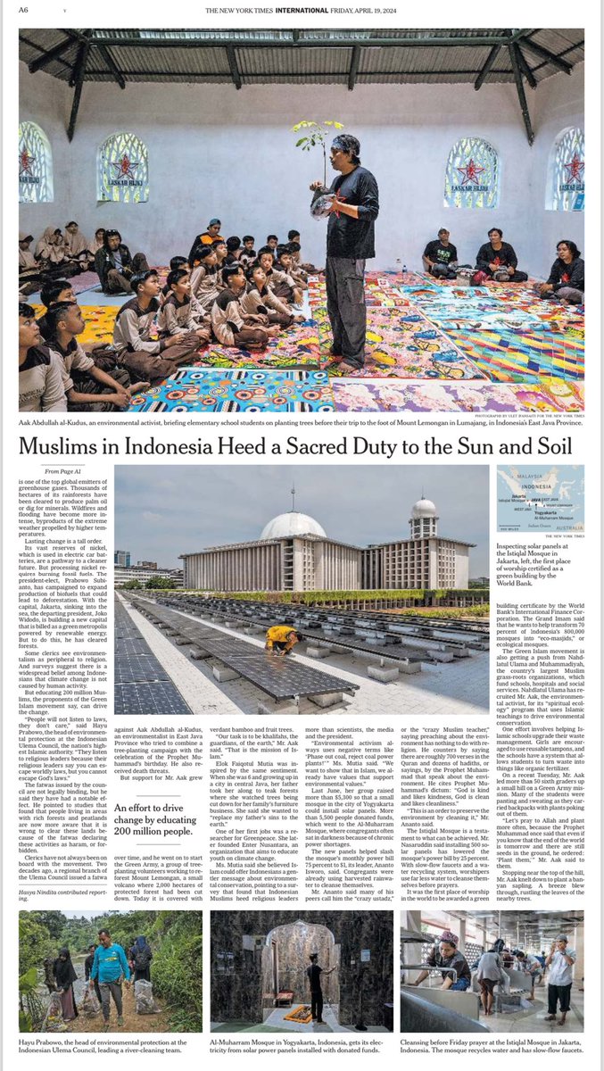 Kamu tau nggak kalo cerita fatwa lingkungan, wakaf energi terbarukan, dan gerakan “green Islam” di Indonesia ini jadi headline di @nytimes? ✅Istiqlal dan upaya hemat air, pake panel surya ✅Aksi ekologi spiritual, tanam+rawat pohon ✅Iuran panel surya untuk masjid di Yogya