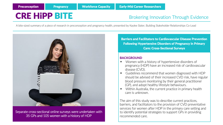 CRE HiPP (@crehipp) on Twitter photo Our latest #CREHiPPBITE is up! <a href="/KayleeSlater_/">Kaylee Slater</a> shares her research: Barriers and facilitators to #cardiovascular disease prevention following #hypertensive disorders of #pregnancy in primary care 👉 bit.ly/4aJF8Fg
#cvd #hypertensivedisorders #postpartum Our latest #CREHiPPBITE is up! <a href="/KayleeSlater_/">Kaylee Slater</a> shares her research: Barriers and facilitators to #cardiovascular disease prevention following #hypertensive disorders of #pregnancy in primary care 👉 bit.ly/4aJF8Fg
#cvd #hypertensivedisorders #postpartum