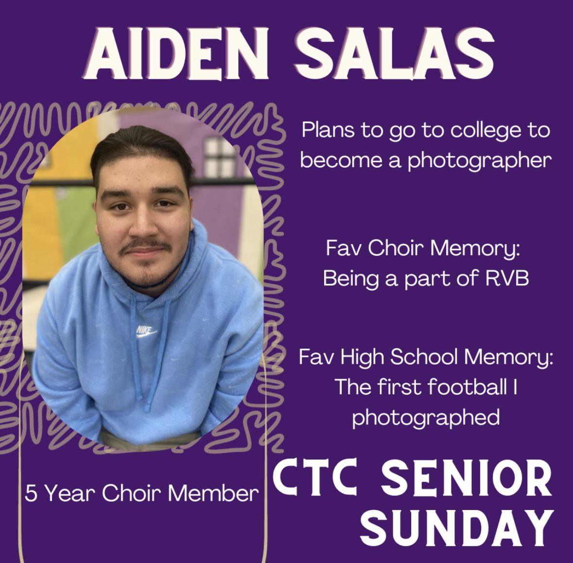 This weeks Senior Sunday shoutout goes to our in-house photography expert himself, Aiden Salas! #CTChorale #SeniorSunday #LivePurpleSingGold