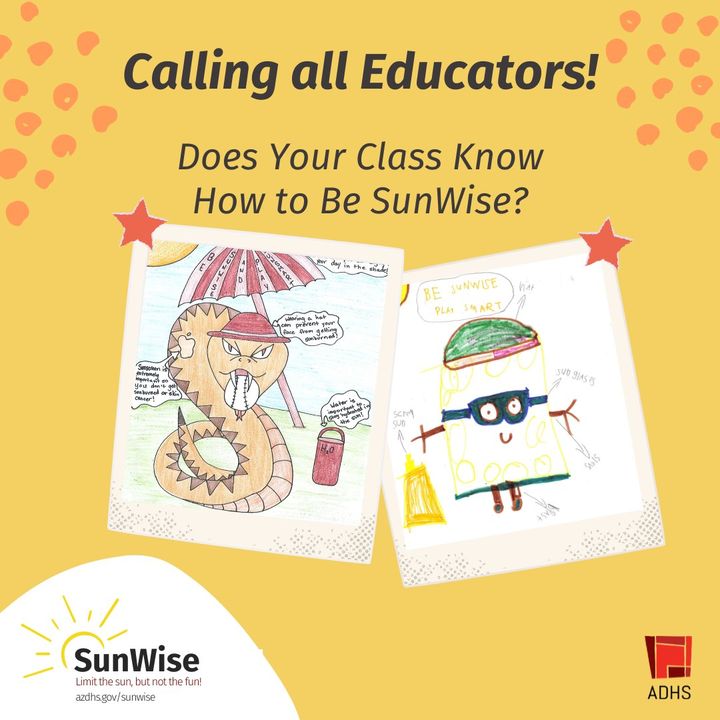 AZ Department of Health (@azdhs) on Twitter photo It’s time for the annual Be SunWise & Play Sun Smart poster contest 🎉
Students are encouraged to showcase their sun safety with a poster. Top entries will win tickets to a Diamondbacks game!
📩 Email sunwise@azdhs.gov to learn more and sign up now. It’s time for the annual Be SunWise & Play Sun Smart poster contest 🎉
Students are encouraged to showcase their sun safety with a poster. Top entries will win tickets to a Diamondbacks game!
đź“© Email sunwise@azdhs.gov to learn more and sign up now.