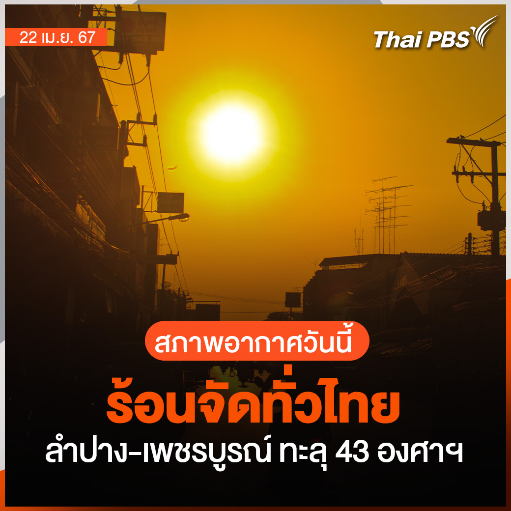 ☀️ #กรมอุตุนิยมวิทยา พยากรณ์สภาพอากาศวันนี้ (22 เม.ย. 67) ประเทศไทยมีอากาศร้อนถึงร้อนจัดโดยทั่วไปกับมีฟ้าหลัวในตอนกลางวัน 'ลำปาง-เพชรบูรณ์' อุณหภูมิสูงสุด ทะลุ 43 องศาฯ ขอประชาชนหลีกเลี่ยงการทำงานหรือการประกอบกิจกรรมในที่โล่งแจ้งเป็นระยะเวลานาน 📌 อ่านต่อ thaipbs.or.th/news/content/3…