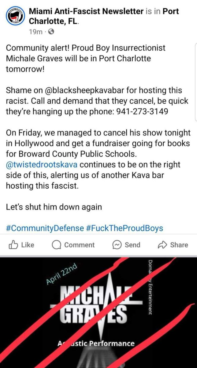 Here is a screenshot of the ANTIFA pukes in and around Florida, among others, who continue to harass me and threaten venues, clubs other bands and places I do business with and perform at. The Black Sheep Kava Bar are having no part of it. I WILL perform tomorrow in Port…
