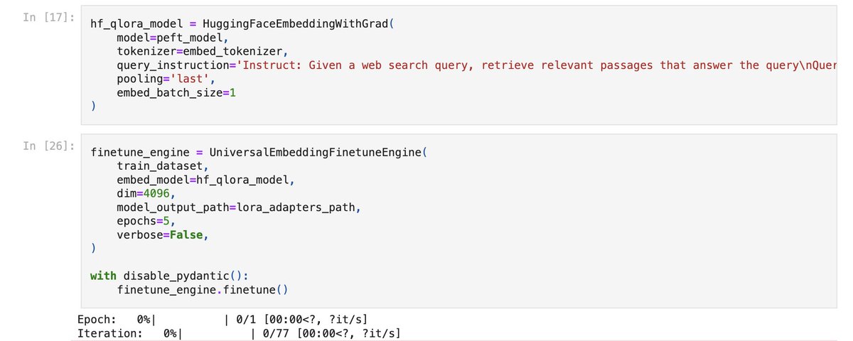 Fine-tuning Embedding Models for RAG with LoRA 💡 This is a great tutorial (by Mariboo) showcasing how to cleverly subclass @llama_index finetuning abstractions to finetune any @huggingface embedding model with LoRA weights, which you can then plug in as a crucial step of any…