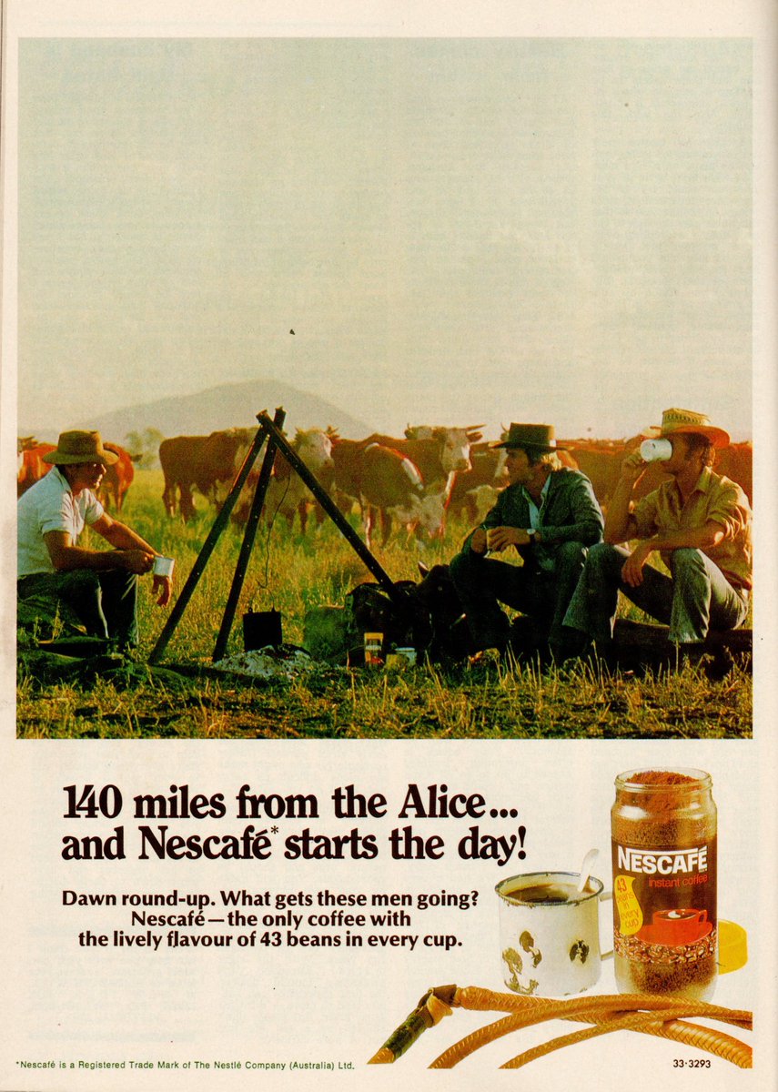 '140 miles from the Alice... and Nescafé starts the day!...' (x.com/LaurenRosewarn…) Nescafé Instant Coffee. New Idea, 1973.