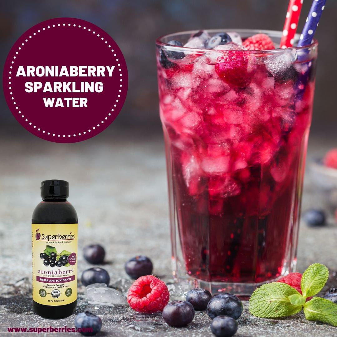 Make your sparkling water a super drink with #Superberries #Aroniaberry Concentrate. Add a teaspoon of Aronia Concentrate to an 8 oz. water 2-3 times a day, for daily antioxidants. Antioxidants play an essential role in keeping you healthy. Each 16 oz. bottle is a 32+ day supply