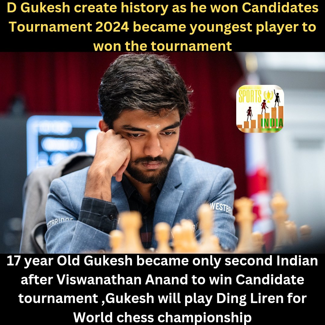 SportsIndia3's tweet photo. D Gukesh created history as he won the Candidates Tournament 2024,  became youngest player to win the tournament 

17 year Old Gukesh became the only 2nd Indian after @vishy64theking to win the Candidate tournament ,Gukesh will play Ding Liren for the World chess championship https://t.co/hL2nUvV4AE