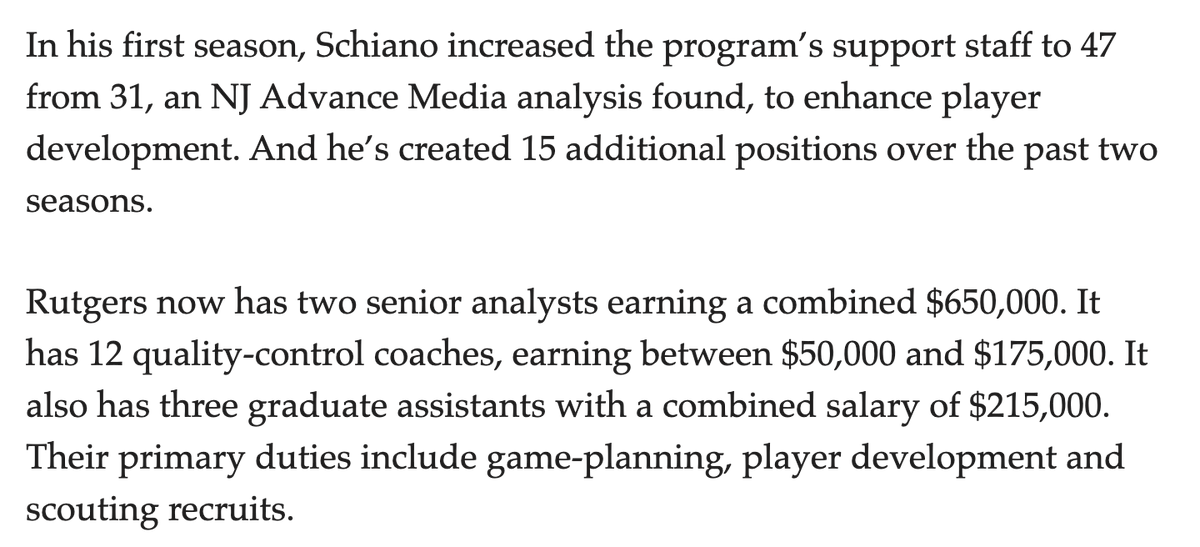 For me, the fascinating part of this @KSargeantNJ story on Rutgers football finances is where Greg Schiano is spending the money, and how quickly he's been able to expand his staff. nj.com/rutgers/2024/0…