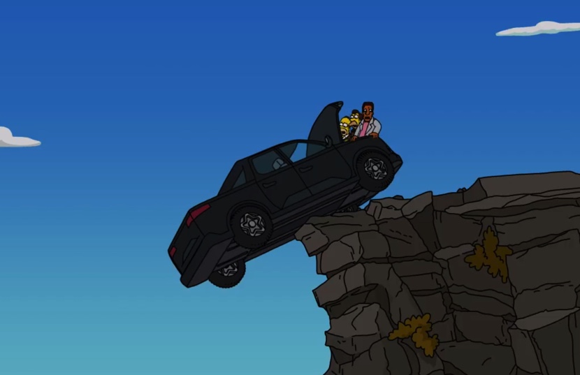 Sequence where the car teeters inspired by the final scene in the original 'Italian Job' with Michael Caine (1969). @TheSimpsons: it's entertaining, and educational!