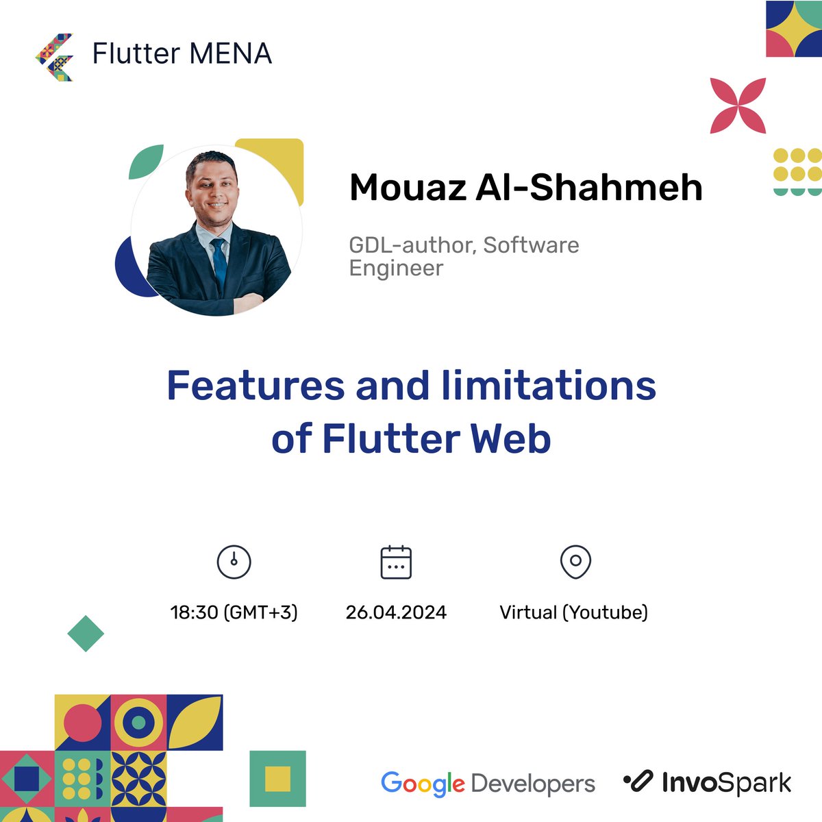 Join us for an insightful session on Flutter Web! 🚀 @mouaz_m_shahmeh , GDL-author and software engineer, will be diving into the features and limitations of Flutter for web development. Don't miss out! 🖥️

📅 Date: April 26, 2024 
⏰ Time: 18:30 (GMT+3)

#FlutterMENA