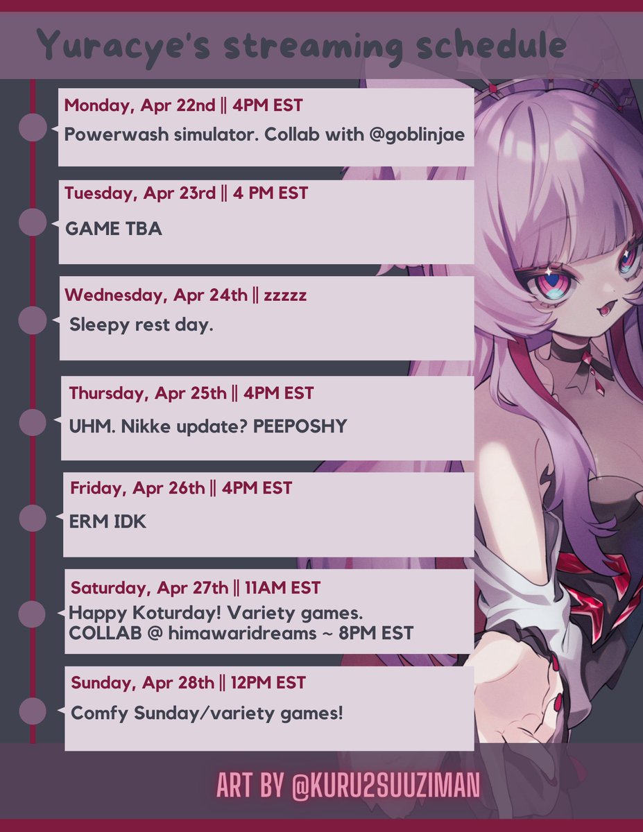 Yuracye's tweet image. UHM. A couple of things. I still never know what to play. We'll figure it out as we go- Is it even worth posting a schedule?? Collab with @goblinjaeVT
TOMORROW AAAAAAAAA. And then @Himawaridreams outfit debut on Saturday! Yippee!! #vtuberEN #vtubers #streamingschedule
