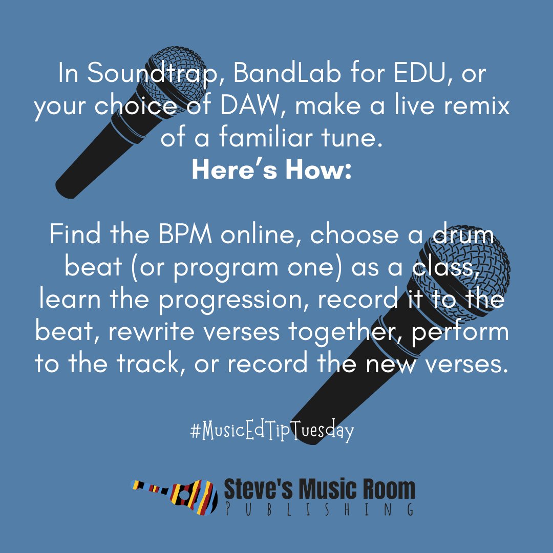 #musicedtiptuesday In your choice of DAW, make a live remix of a familiar tune. Here’s How: Find the BPM, choose a drum beat as a class, learn the progression, record it to the beat, rewrite verses together, perform to the track, or record. #musiced #musiceducation #popmused
