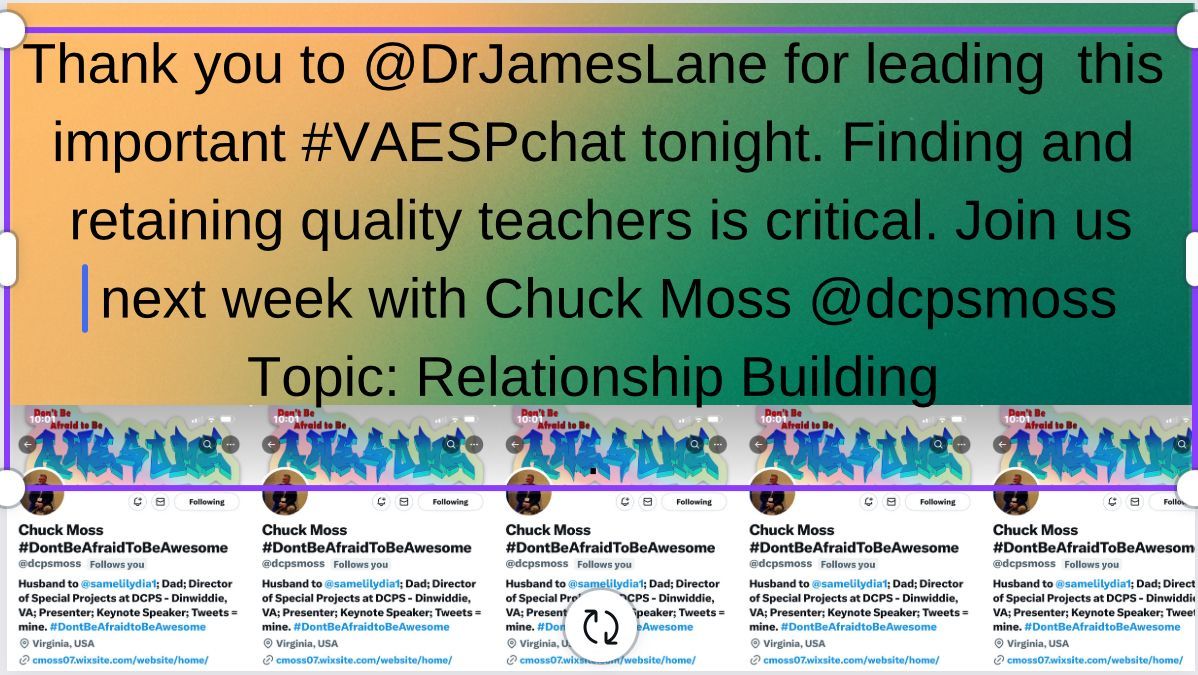 Thank you to @DrJamesLane for leading this important #VAESPchat tonight. Finding and retaining quality teachers is critical. Join us next week with Chuck Moss @dcpsmoss Topic: Relationship Building