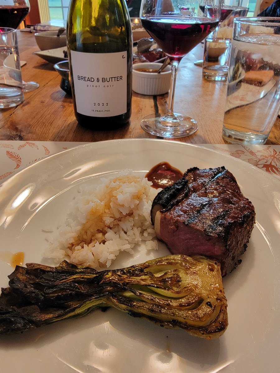 Sunday NY Strip in an Asian style with grilled bok choy and two sauces. #twittersupperclub Decent Costco $12 Pinot that is true to form.