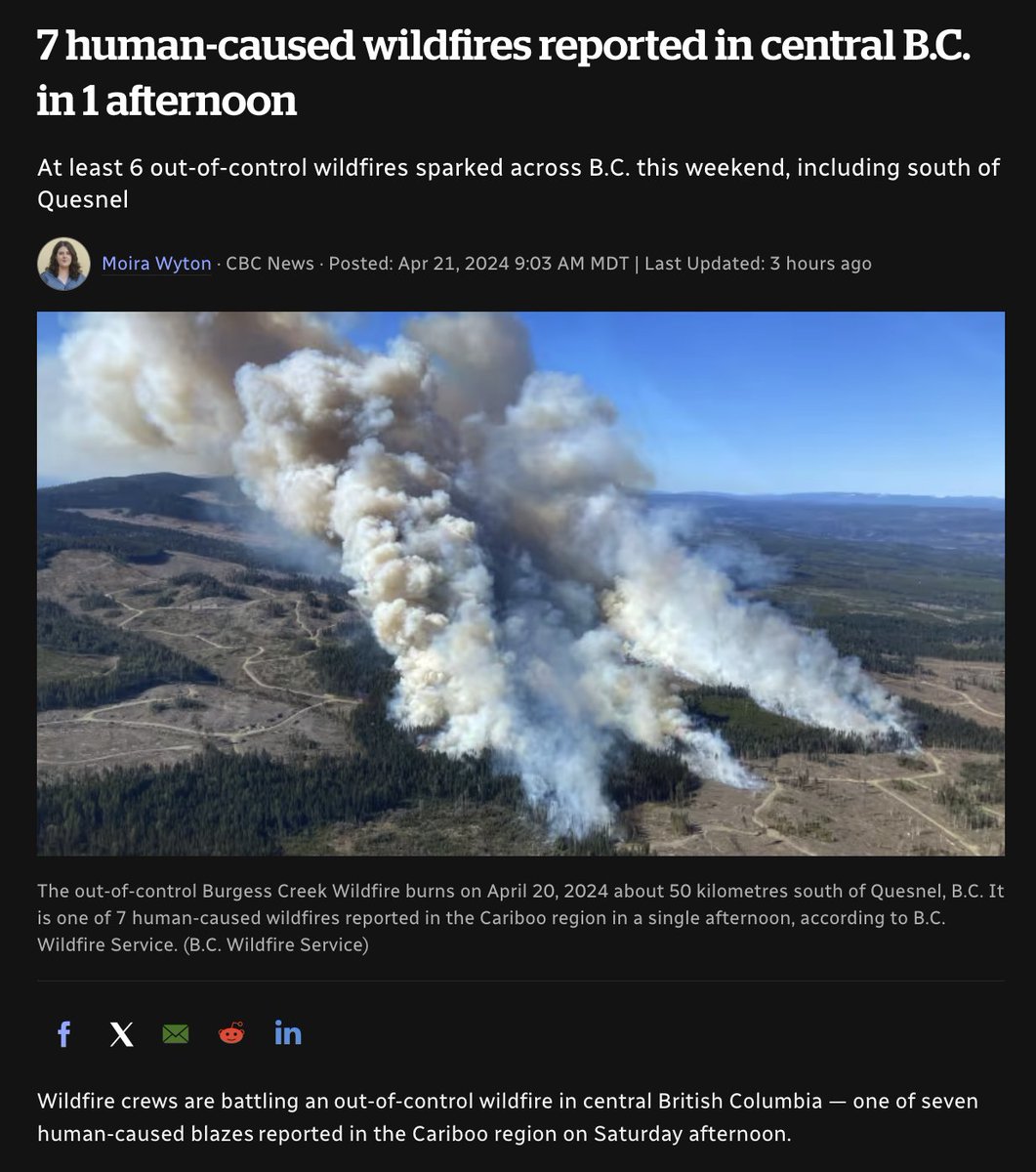 It's just basic 'climate science' people! Canadians didn't pay enough Carbon Tax, so the CO2 levels forced 7 people in BC to start forest fires in a single day's worth of climate change. 😂