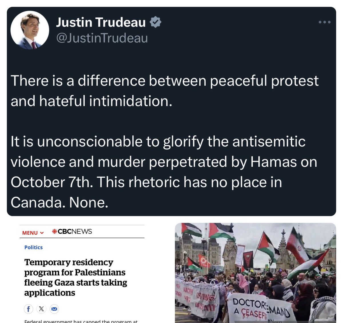 Trudeau yelling about “no place in Canada” while he brings more people into Canada. Hypocrisy abounds.