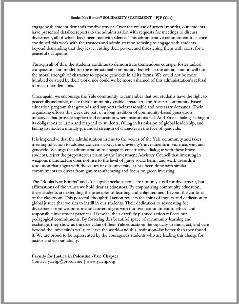 Statement by our Yale Faculty for Justice in Palestine chapter on the 'Books not Bombs' action at Beinecke Plaza. I delivered a public reading at the plaza today at 6PM. Honored to be the one to tell our students we got their back. Feel free to share. yalefjp.org