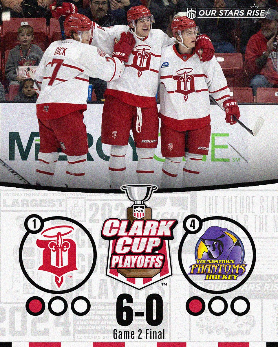 Dubuque skates to a 6-0 home win to even its Conference Semifinals series with Youngstown. Next game in the best-of-five series is in Youngstown Tuesday night. 
#StarsRise | #2024ClarkCupPlayoffs