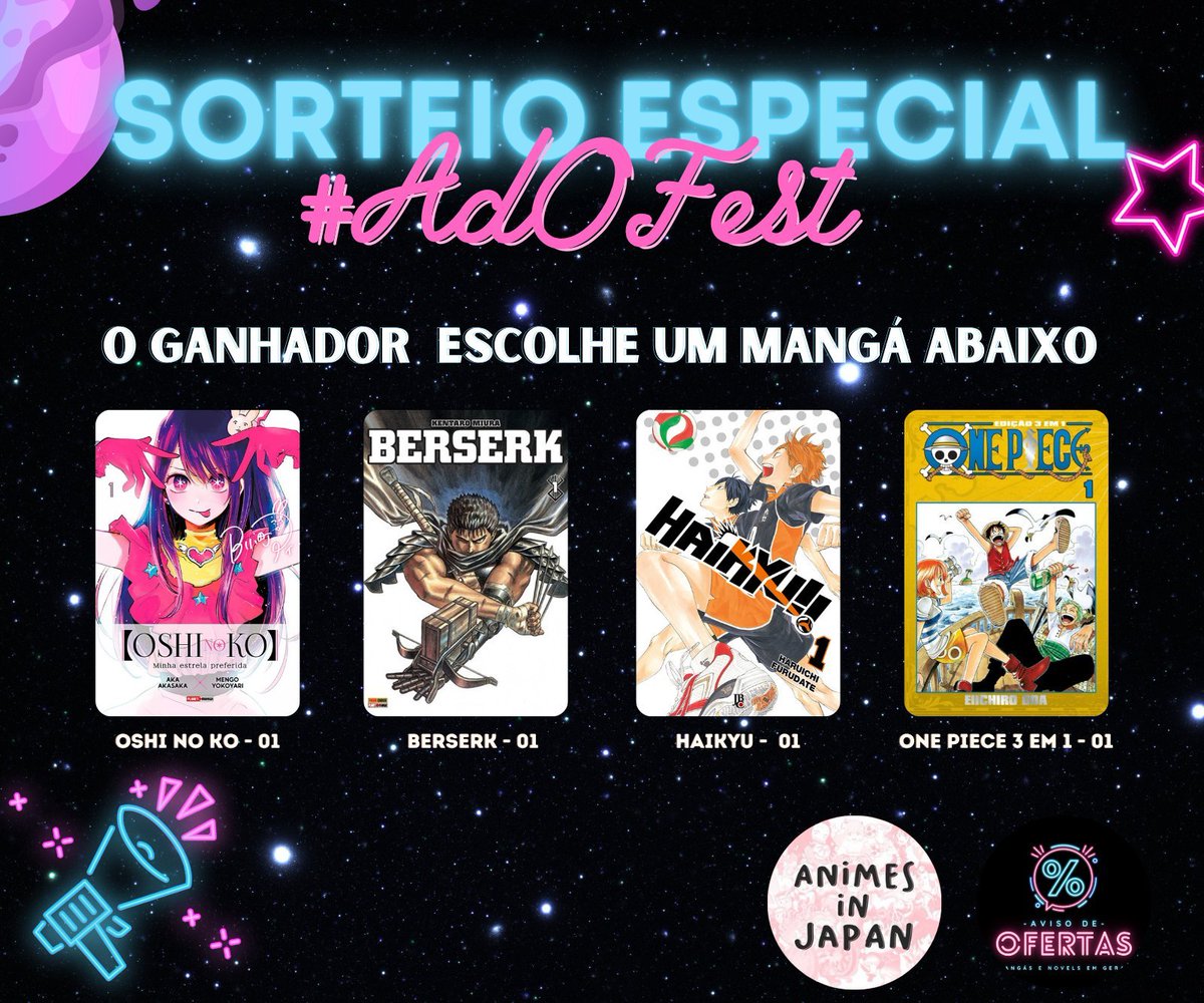 animesinjapan's tweet photo. 🌸 Sorteio Especial #AdOFest  
 
✅Regras: 
• Seguir: @AvisoDeOferta e @animesinjapan
• Dar RT e Like 
• Comentar qual mangá vai querer com a #AdOFest

⌛Resultado: hoje às 23h30! https://t.co/v4pIekZ3xJ