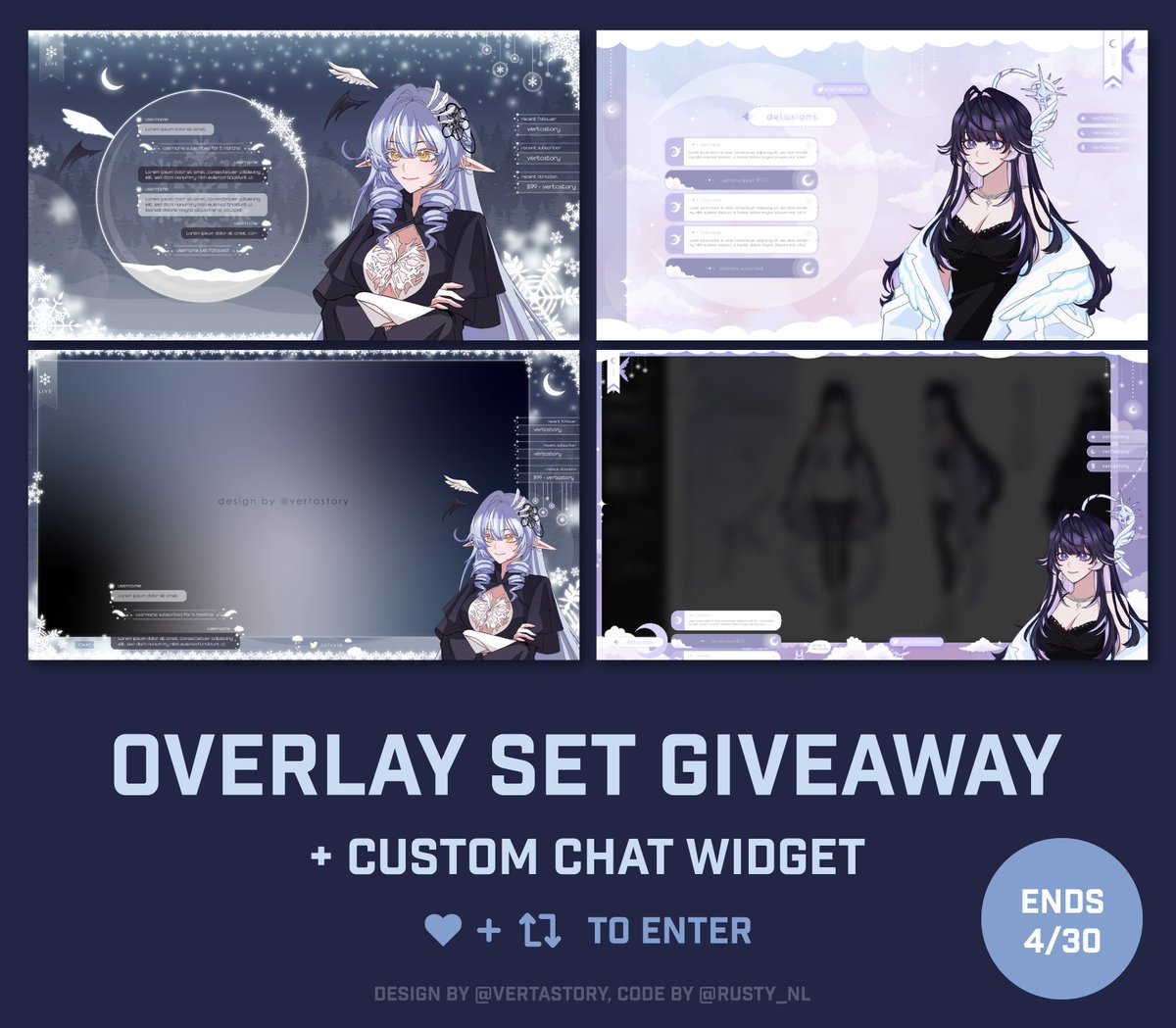 I'd like to help someone get started with a custom set of overlays + custom chat widget (coded by rusty)!! 🌿Like + RT to enter, follow not required! 🌿Ends 4/30 🌿1 Winner Good luck!! #vtuber #giveaway